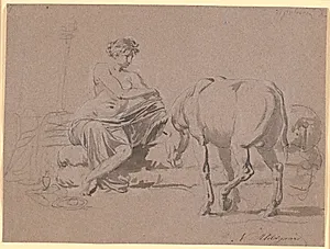 Scene af Apuleus' "Det gyldne æsel" 10.bog. Den unge pige afklæder sig, til højre står æslet by Nicolai Abildgaard