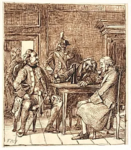 Scene af Barselsstuen. Corfitz drikker rhinskvin med officeren og Jens Olsen by Wilhelm Marstrand