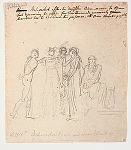 Scene af Ossian. Ossian giver Malorchols datter Oinamorul til den fangne Tontormoth, hvem hun elsker by Nicolai Abildgaard