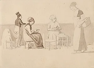 Scene fra en gård eller kaj i Paris. Fire siddende, stående og gående figurer. by C.W. Eckersberg