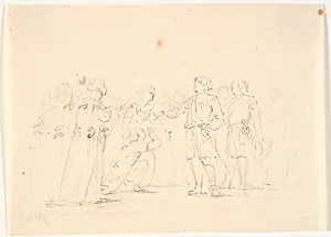 Scene med fem figurer og rids af andre i baggrunden by C.A. Lorentzen