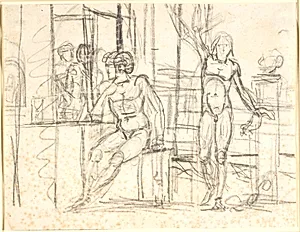 Scene med nøgne figurer, i midten en siddende mand, til højre en stående mand med oprakt arm by Nicolai Abildgaard
