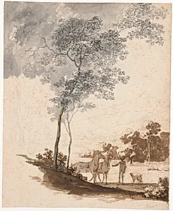Schweizerlandskab med en rideknægt holdende to heste og et par hunde; studie til portrættet af Jean-Armand Tronchin by Jens Juel