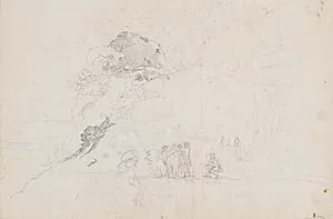 Schweizerlandskab med et klippefremspring over en dal og en gruppe figurer by Jens Juel