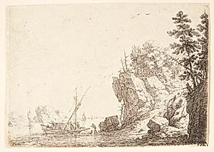 Sejlskibe ud for en klippekyst by Herman Saftleven