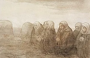 Seks bondekoner i bøn på en efterårsmark by Alphonse Legros