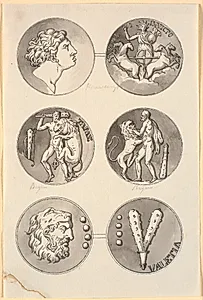 Seks gengivelser af antikke medaljer by Nicolai Abildgaard