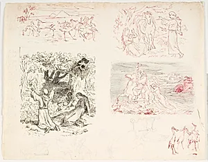 Seks illustrationsudkast til H.C. Andersen, "Dynd-Kongens Datter" by Lorenz Frølich