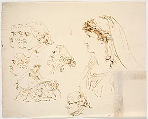Seks mandlige og et kvindeligt profilhoved samt kvinde i klassisk dragt, der plukker blomster by J.F. Clemens