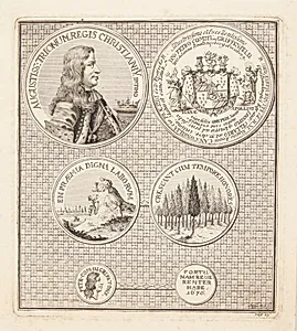Seks medaljoner med forskellige motiver, to af dem med portrætter af Peder Griffenfeld