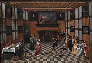 Selskab med dansende par i interiør by Christoffel Jacobsz. van der Laemen