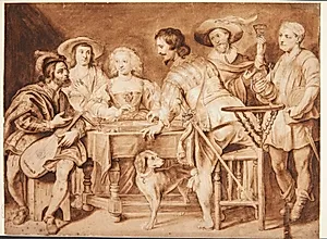 Selskab omkring et bord by Palamedes Palamedesz (I)