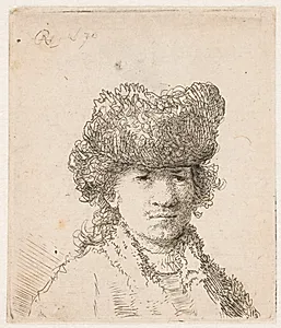 Selvportræt med pelshue. Lille plade by Rembrandt van Rijn