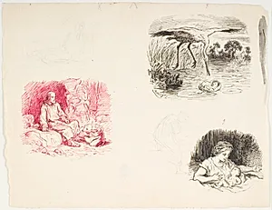 Siddende ældre mand og padde, flyvende stork og spædbarn på vandet, kvinde med spædbarn. Tre illustrationsudkast til H.C. Andersen, "Dynd-Kongens Datter" by Lorenz Frølich