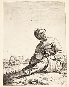 Siddende bonde med en kande i hænderne by Herman Saftleven