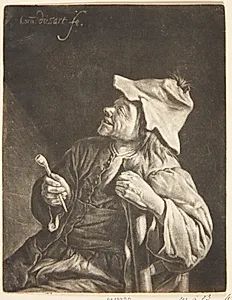 Siddende bonde med en pibe by Cornelis Dusart