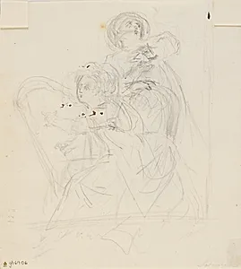 Siddende dame med harpe og bagved stående mand by C.A. Lorentzen