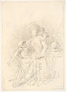 Siddende dame med tre børn, en hund og en kat by C.A. Lorentzen
