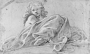 Siddende draperet figur set nedefra