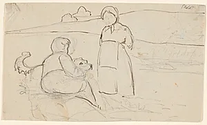 Siddende dreng med hund og stående pige i et landskab. by P.C. Skovgaard