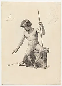 Siddende dreng. Modelfigur. Foroven til højre et lille blyantstudie af samme figur by Adolph Kittendorff