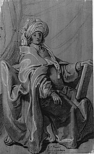 Siddende figur i kappe og turban, holdende en bog. Vendt mod højre.