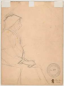 Siddende figur med hovedbeklædning, profil m.h.