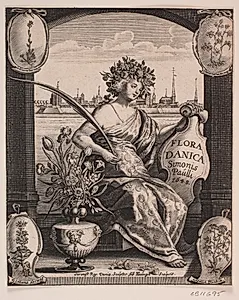Siddende Flora. Titelblad til Simon Paullis, "Flora danica", 1648 by Albert Haelwegh