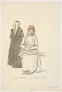 Siddende gammel kvinde og en stående by Martinus Rørbye