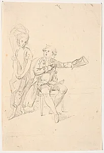 Siddende herre med en hat i venstre hånd. En stående dame læner sig til hans stol by C.A. Lorentzen
