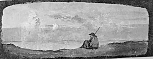 Siddende hyrde i landskab med aftenskyer by Lorenz Frølich