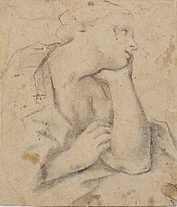 Siddende kvinde, der hviler hovedet i hånden. Brystbillede by Ubekendt