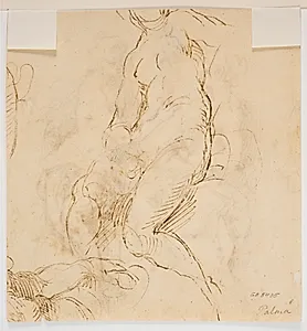 Siddende kvinde og halvtliggende nøgen model, set i forkortning, beskåret by Jacopo Palma (il Giovane)