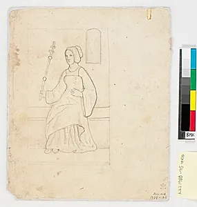 Siddende kvindefigur i historisk kostume med scepter by Dankvart Dreyer