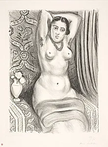 Siddende, kvindelig nøgenmodel med armene foldet bag ryggen (odalisque) by Henri Matisse