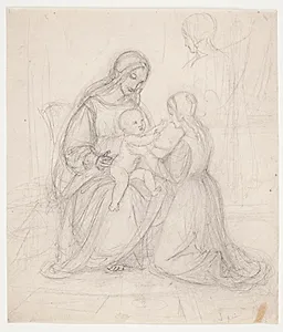 Siddende madonna med barn og knælende kvinde by J.L. Lund