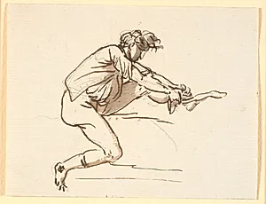 Siddende mand der trækker en strømpe på by Nicolai Abildgaard