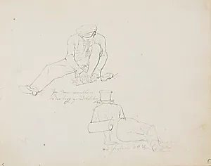 Siddende mand i færd med at pleje sine fødder, betegnet: "Paa Veien imellem Fredensborg og Frederiksborg" og liggende mand med botaniserkasse, betegnet: "ved Christian d:4 Steen" by Wilhelm Bendz