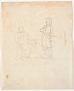 Siddende mand, knælende pige, stående officer. Teaterscene? by C.A. Lorentzen