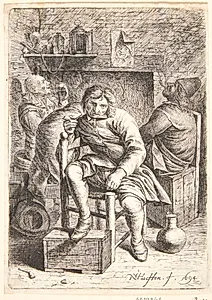 Siddende mand med pibe, i baggrunden tre bønder ved et ildsted by Nicolaes van Haeften