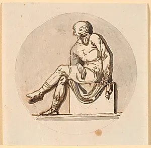 Siddende maskefigur, cirkelrundt indrammet. Udkast til dekoration i tehuset i Sorgenfri park by Nicolai Abildgaard