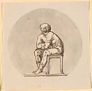 Siddende maskefigur, cirkelrundt indrammet. Udkast til dekoration i tehuset i Sorgenfri park by Nicolai Abildgaard
