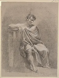 Siddende model i draperi. Siddende på lav plint og hvilende højre arm på høj plint by C.A. Lorentzen