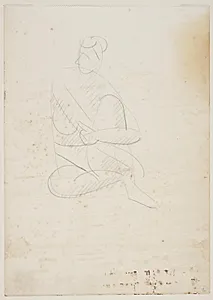 Siddende nøgen kvinde, set forfra, med armene omkring det løftede knæ by Vilhelm Lundstrøm