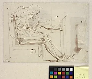 Siddende nøgen mand med højre ben støttet mod en kamin. Rids af samme figur som recto by Johann Heinrich Füssli
