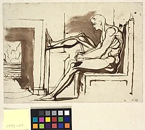 Siddende nøgen mand med højre ben støttet mod en kamin by Johann Heinrich Füssli