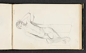 Siddende, nøgen, mandlig model der støtter hovedet med venstre hånd by Erling Eckersberg