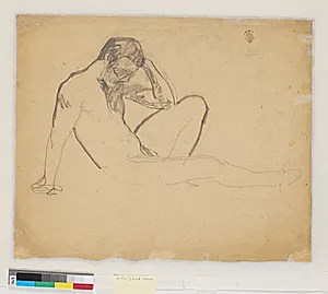 Siddende, nøgen, mandlig model by Isakson, Karl