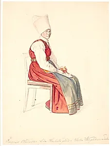 Siddende svensk bondekone med højt hovedlin by Wilhelm Marstrand