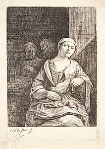 Siddende ung kvinde med en pibe by Nicolaes van Haeften